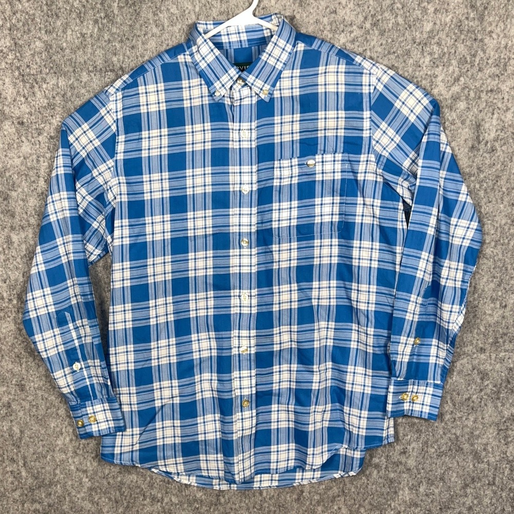 Orvis Men's Classic Fit Blue White Plaid Long Sleeve Button Down Shirt Medium